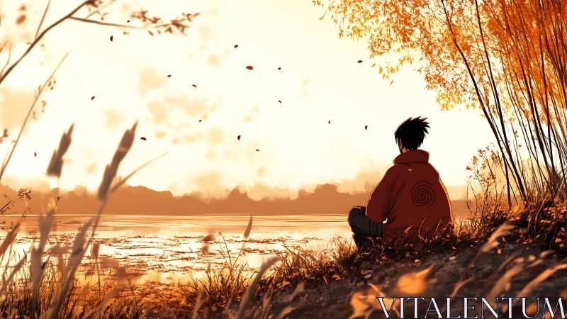 Autumn anime figure beside glowing lakeside horizon at dusk.