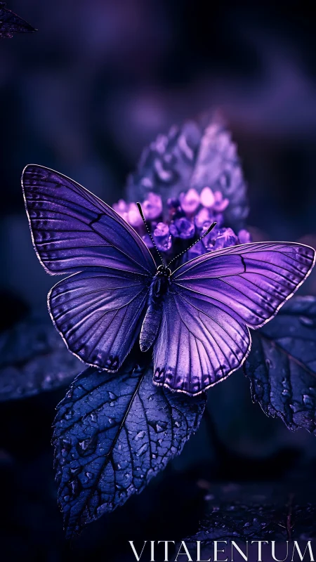 Midnight orchid butterfly pauses on dew-glassed leaves