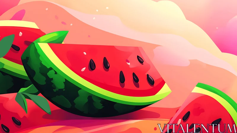 Sunlit watermelon wedges drifting through a candy sky.