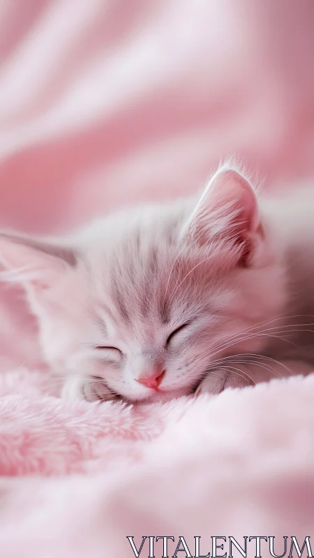 Sleeping Kitten in Soft Pink Bedding.