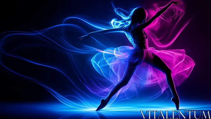 Neon gradient ballerina silhouette in dynamic light trails.
