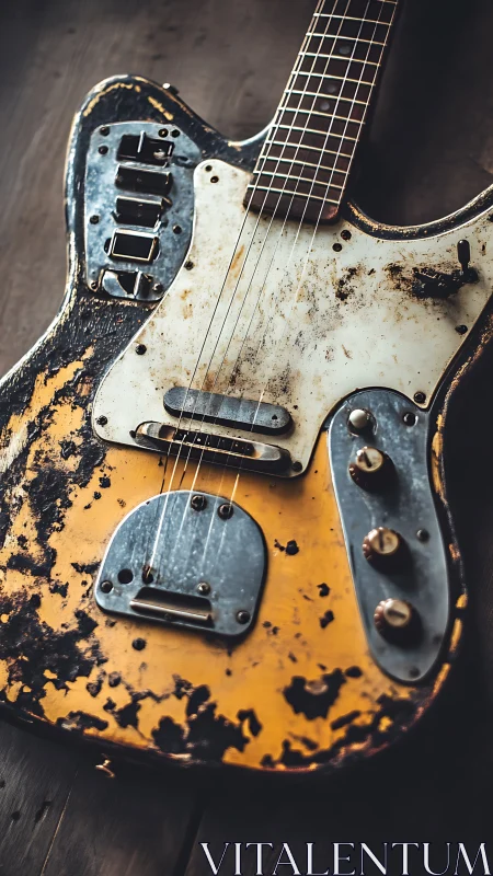 Relic yellow offset electric guitar in dramatic side lighting.