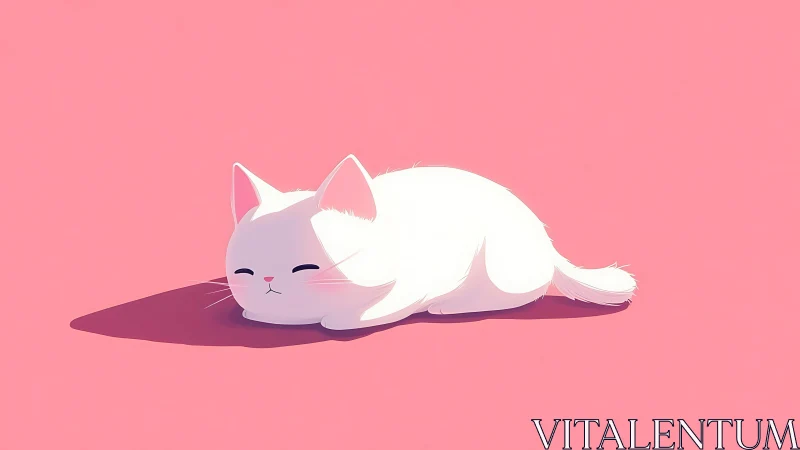 Sleeping White Cat on Pink Background. Serene Illustration.