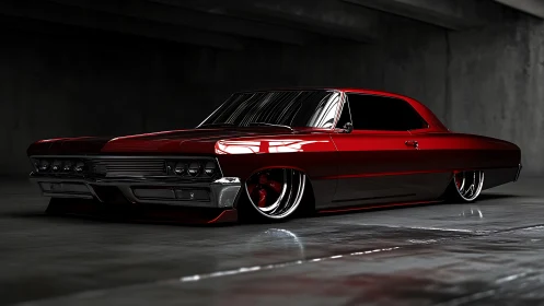 Sleek red lowrider coupe glowing in a moody urban garage.