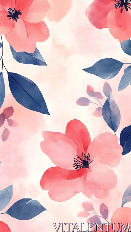 Watercolor Floral Composition with Pink Blooms and Navy Leaves