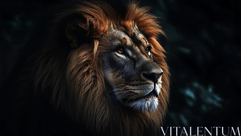 Majestic lion portrait glows against deep shadowed backdrop.