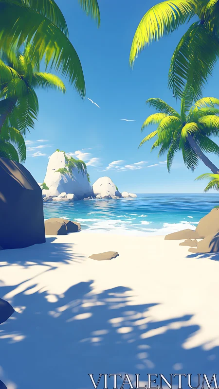 Tropical Beach Paradise with Palm Trees and Rock Formations