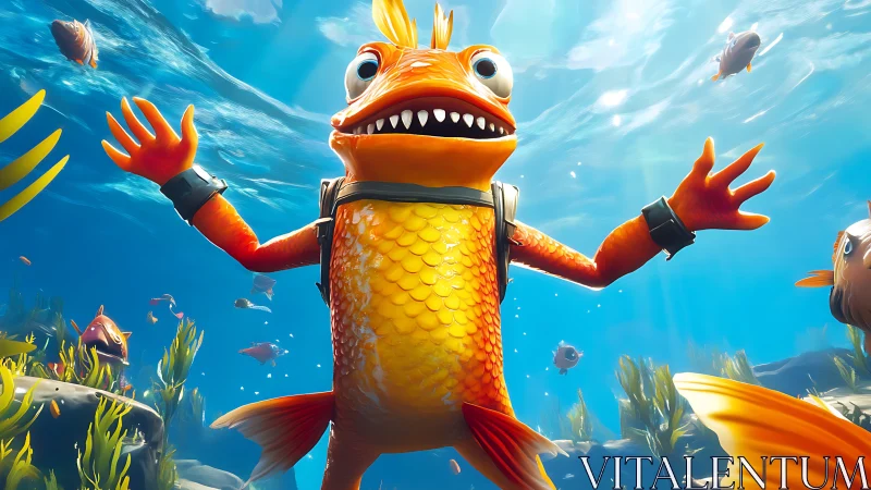 Cheerful orange fish hero reaches out under bright blue waves