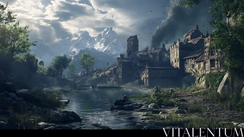 Medieval riverside stronghold smolders beneath stormy peaks