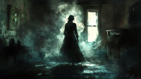 Silhouetted figure in decayed room with dense swirling mist.