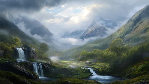Misty mountain valley with twin waterfalls and river.