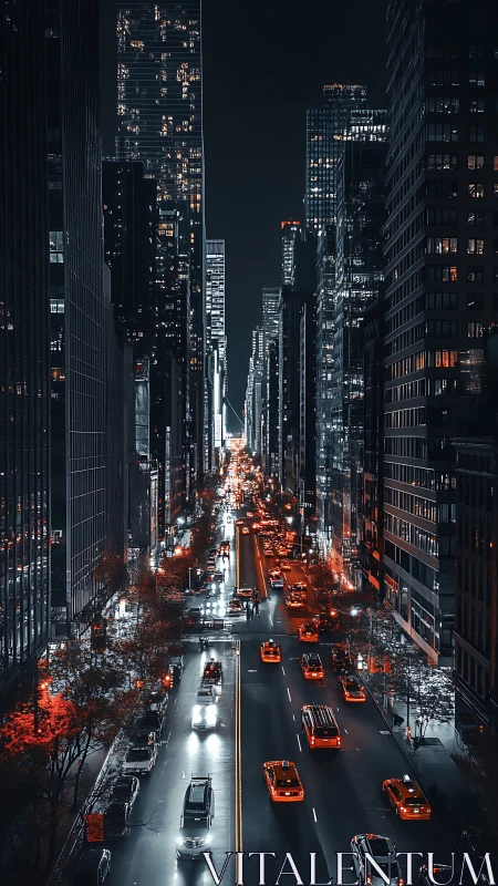 Nighttime city avenue glows with warm lights and moving taxis