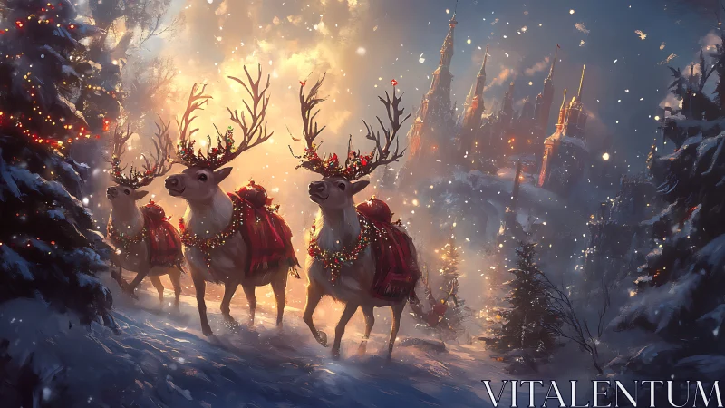 Festive reindeer procession in snowy illuminated forest.