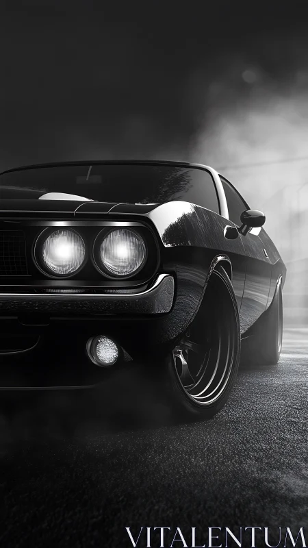 Black classic muscle car in low-key front-side view at night.
