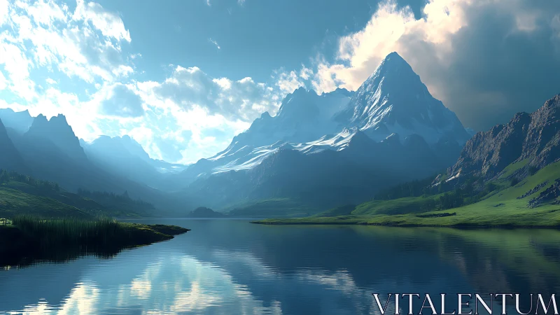 Sunlit alpine peaks mirrored in tranquil blue lakescape.