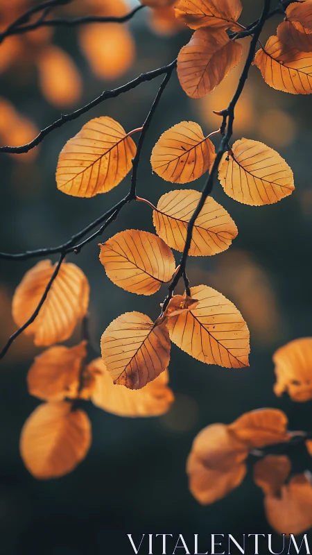 Orange autumn leaves on thin branches in soft focus view.