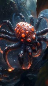 Luminous Ember-Backed Forest Spider in Misty Twilight.