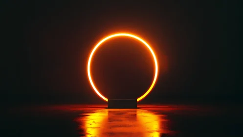 Glowing neon circle quietly brightens a dark reflective room