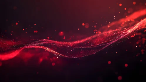 Abstract red light wave with glitter particles, digital art style.