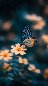 Macro photographic study of butterfly on daisy bloom in bokeh field.