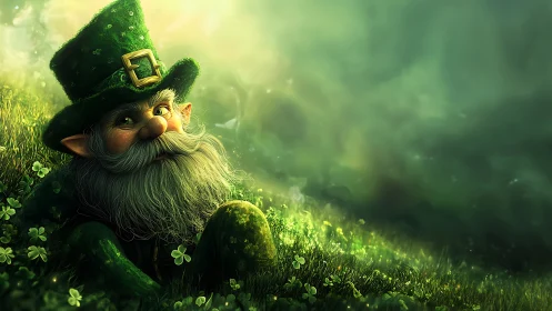 Leprechaun resting in clover field under soft green light.