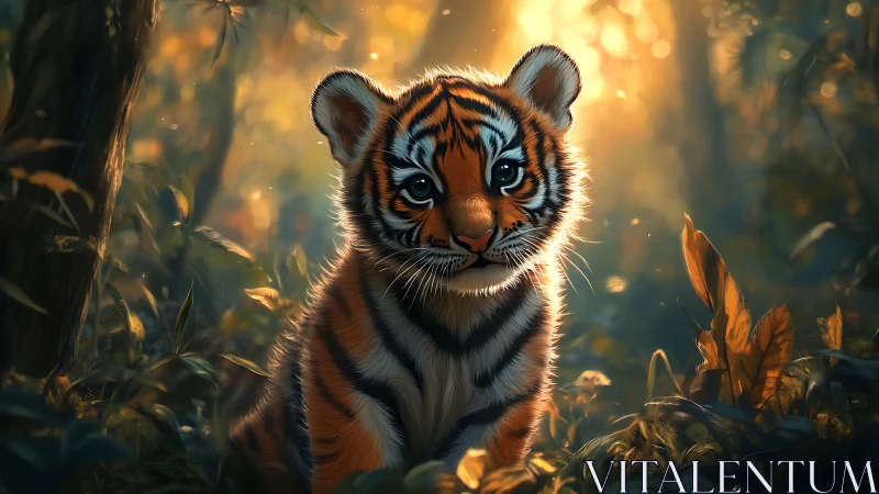 Backlit tiger cub rendered in high-detail digital painting