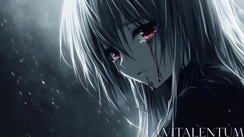 Monochrome anime portrait with crimson tear streams rendered.