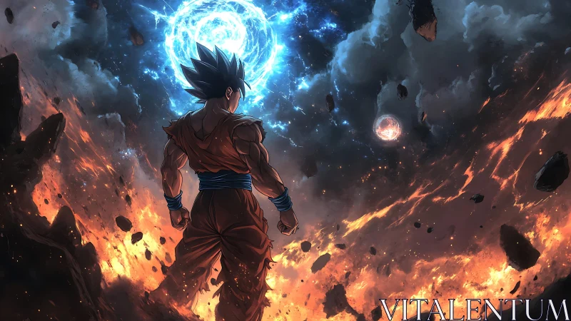 Figure observes energy vortex above fragmented volcanic terrain