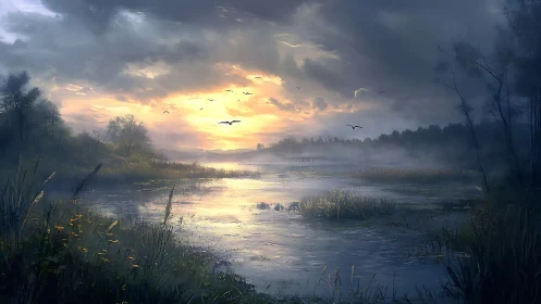 Sunrise light spreads over misty marshland and quiet river