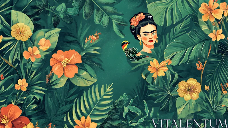 Woman with parrot amid dense tropical foliage and flowers