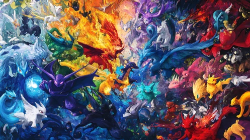 Elemental creature storm swirling in neon rainbow chaos.