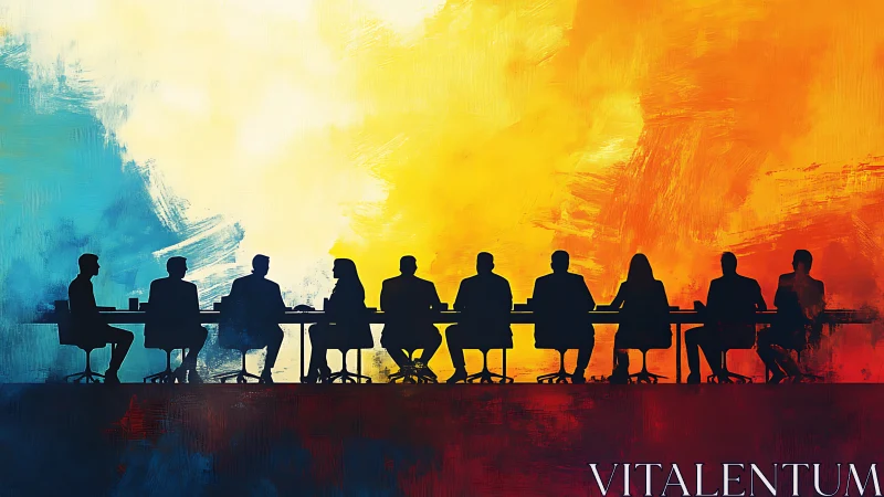 Boardroom Silhouettes Against Chromatic Possibility Landscape