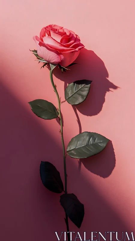 Crimson Rose on Gradient Pink Background with Cast Shadow