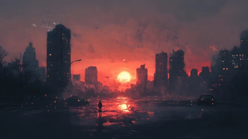 Apocalyptic red sunset floods a desolate cybercity boulevard