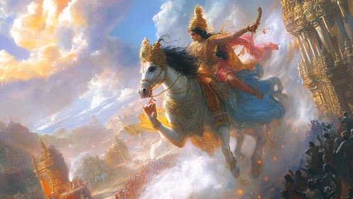 Divine warrior on celestial horse above golden temple city