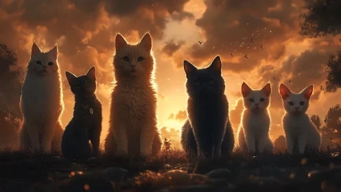 Six Majestic Cats Gather in Golden Sunset Light Together