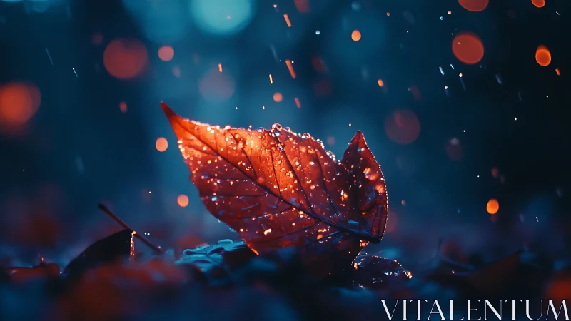 Rainlit ember leaf whispers against the deep blue dusk