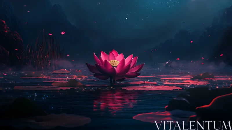 Nocturnal lotus bloom over misted lagoon with cinematic lighting