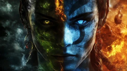 Elemental duality portrait in high-impact fantasy rendering.