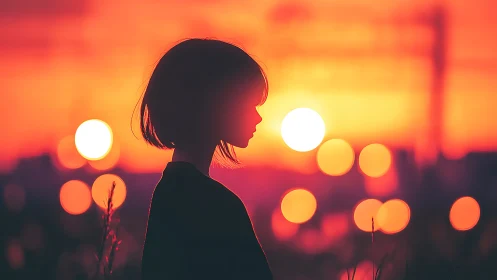Silhouette of short haired child against vivid sunset sky.