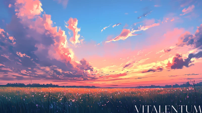 Hyperreal dusk sky over wildflower meadow in lateral panorama