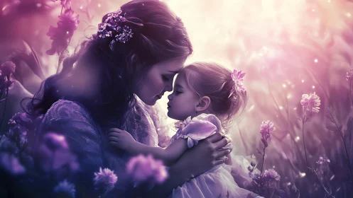 Mother and daughter embrace in ethereal purple flower garden.