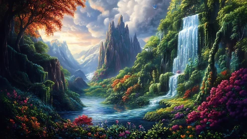 Secret valley of waterfalls and wildflower-bright mountains.
