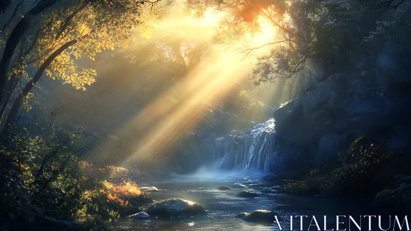 Digital painting forest cascade with luminous sunbeams composition.