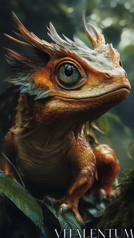 High-detail juvenile dragon with iridescent scales in soft bokeh forest