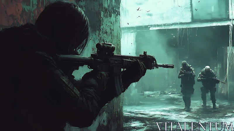 Tactical urban ambush in teal haze, digital painting composition.
