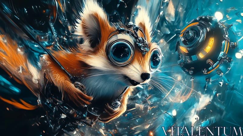 Cybernetic squirrel explorer amid neon orbital debris.