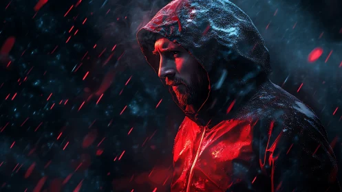 Hooded man in neon red rain, cinematic night storm profile.