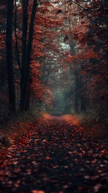 Autumn Forest Path Through Red Leaves