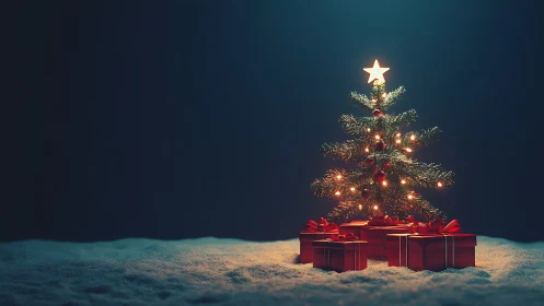 Illuminated Christmas tree with wrapped gifts on snow.